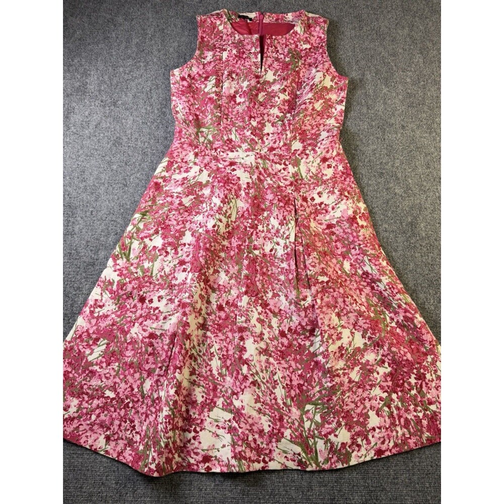 Talbots Petites Dress 4 Pink Floral 100% Linen Fit Flare Midi Pockets Cottagecor